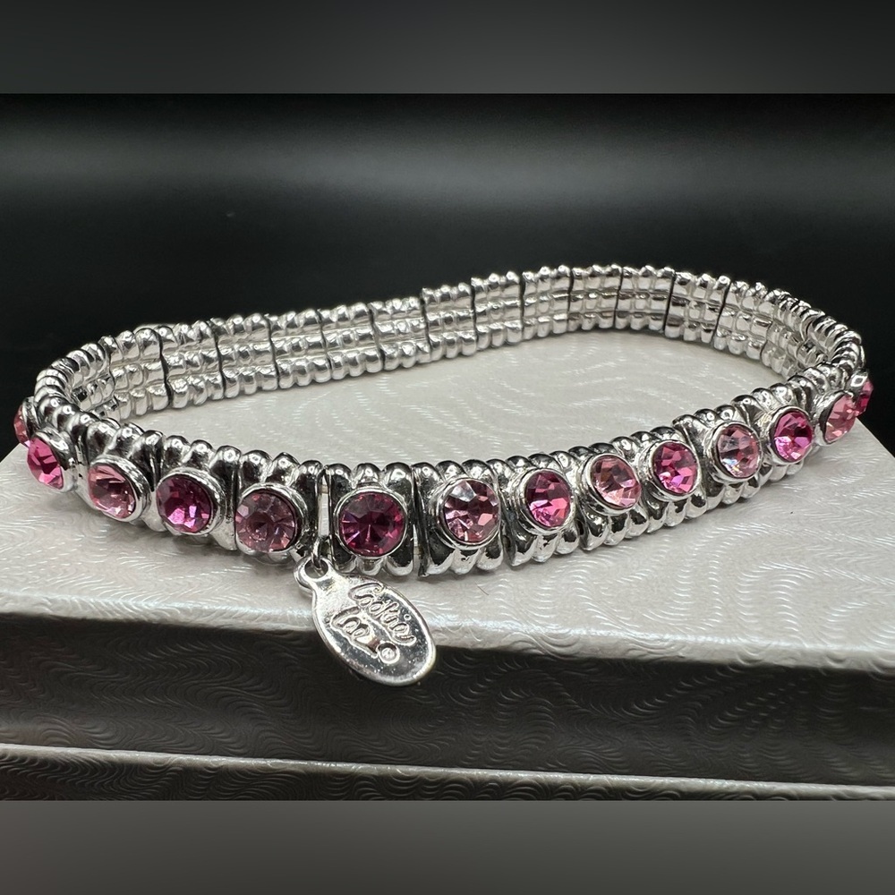 Cookie Lee Signed Silver Tone Pink Rhinestone Tennis Bracelet 6 3/4”